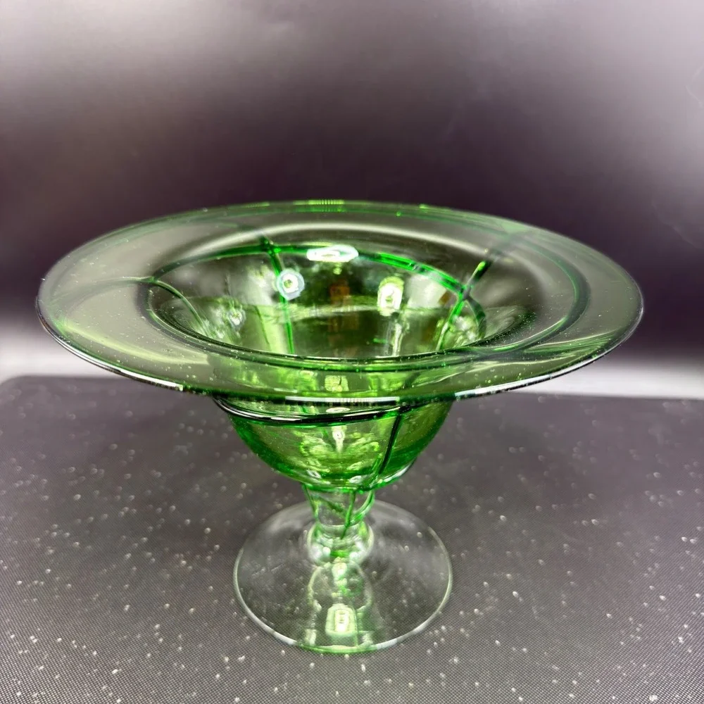 Aromatique Green Swirl Glass Bowl Mouth Blown 6x8 Made in USA Footed Centerpiece